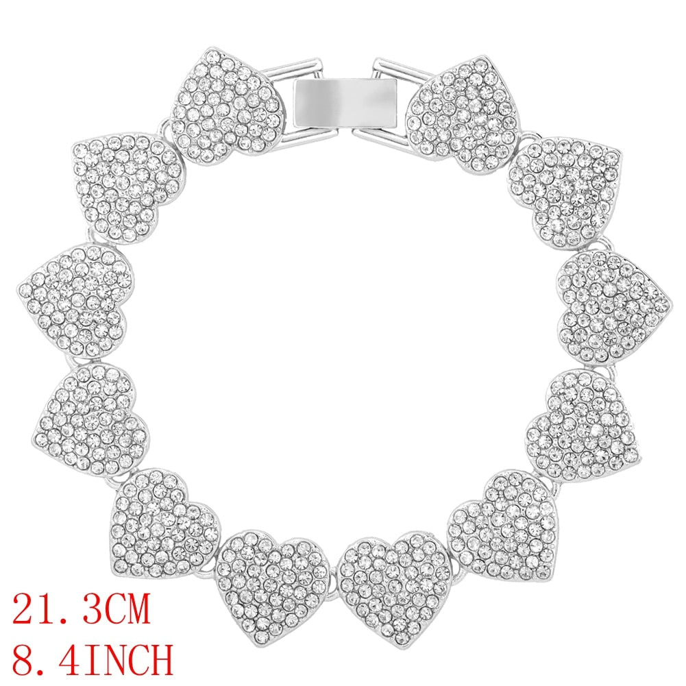 Crystal Heart Cuban Link Chain Necklace/ Ankle/ Bracelet for Women Rhinestones Tennis Necklace Jewelry