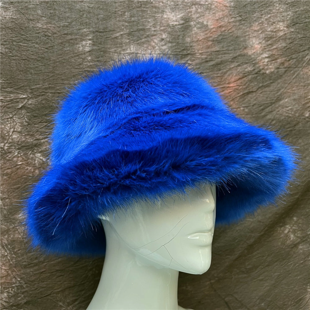 Rainbow Faux Fur Cap Fashion Bucket Hat