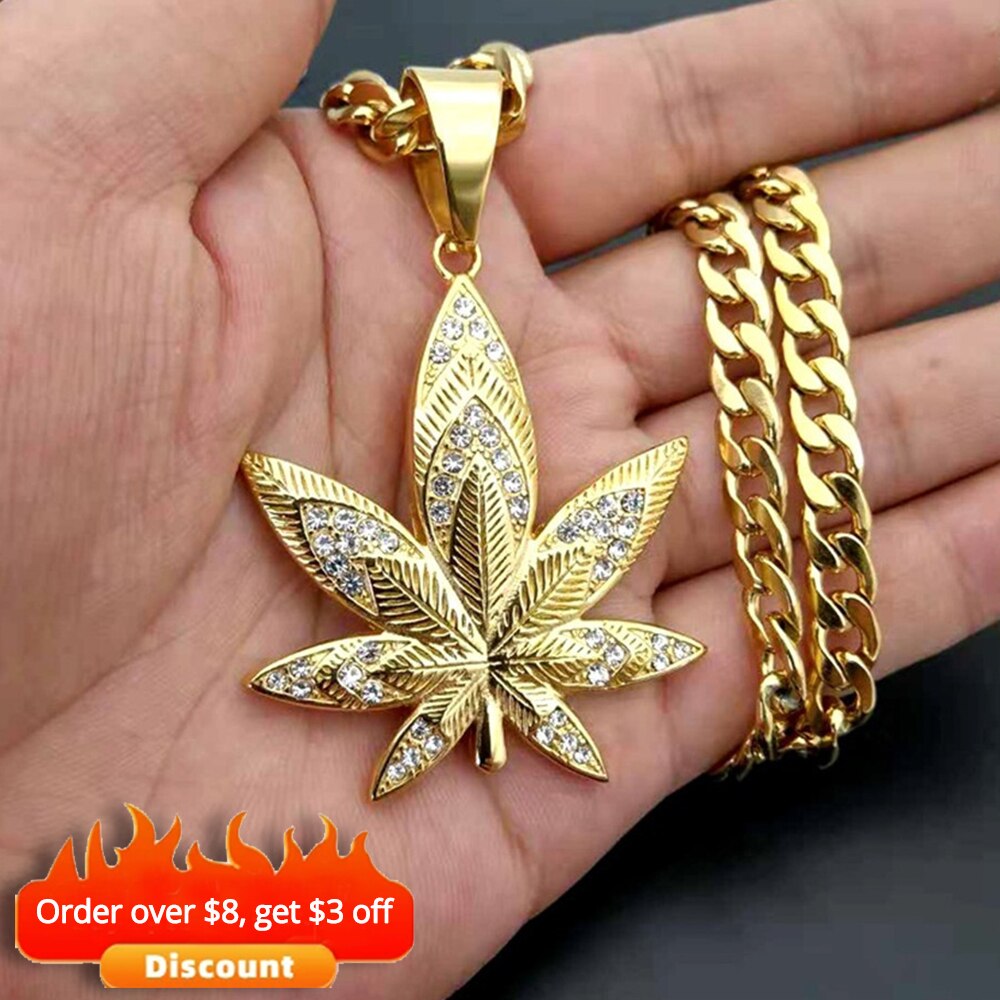 Weed Leaf Pendant Stainless Steel Rhinestones Necklaces Jewelry