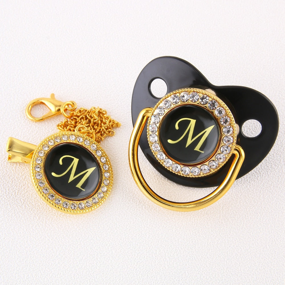 Baby Black Bling Pacifier With Clip Alphabet Letter Infant Pacifier Gold Letter Initials