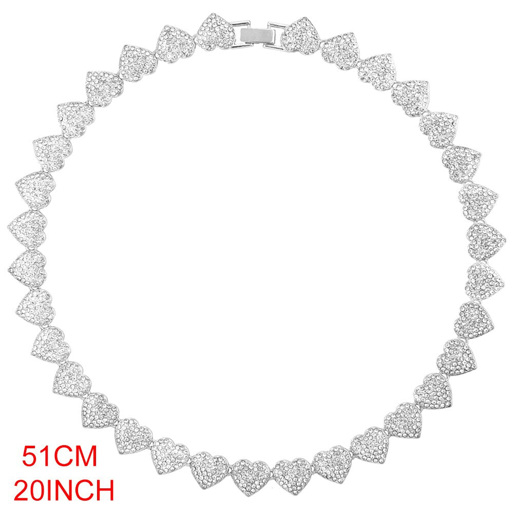 Crystal Heart Cuban Link Chain Necklace/ Ankle/ Bracelet for Women Rhinestones Tennis Necklace Jewelry