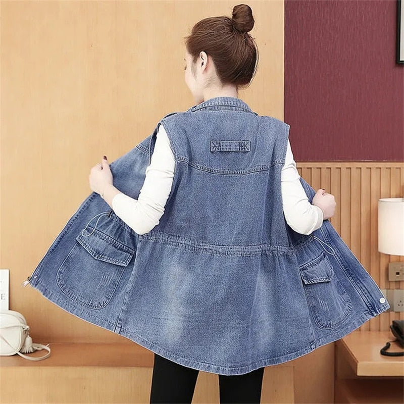 Denim Vest Jacket Sleeveless Adjustable Waist