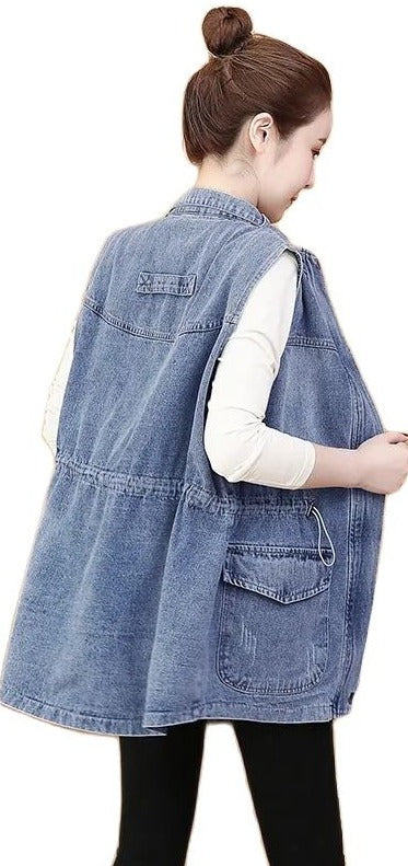 Denim Vest Jacket Sleeveless Adjustable Waist
