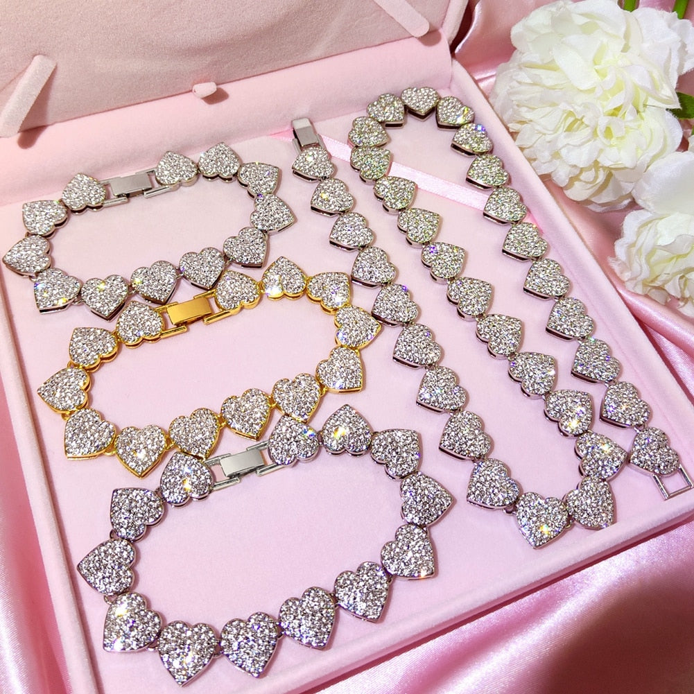 Crystal Heart Cuban Link Chain Necklace/ Ankle/ Bracelet for Women Rhinestones Tennis Necklace Jewelry