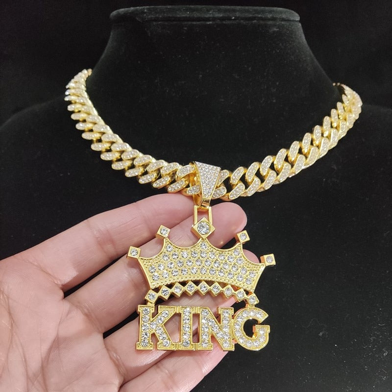 Crown with King Pendant Necklace Iced Out Bling Necklaces Jewelry