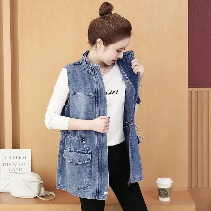 Denim Vest Jacket Sleeveless Adjustable Waist