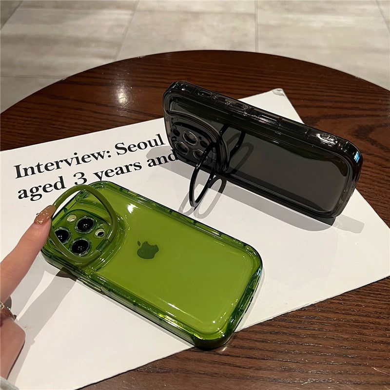 Transparent Folding Camera Lens Ring Stand Phone Case For iPhone Back Cover