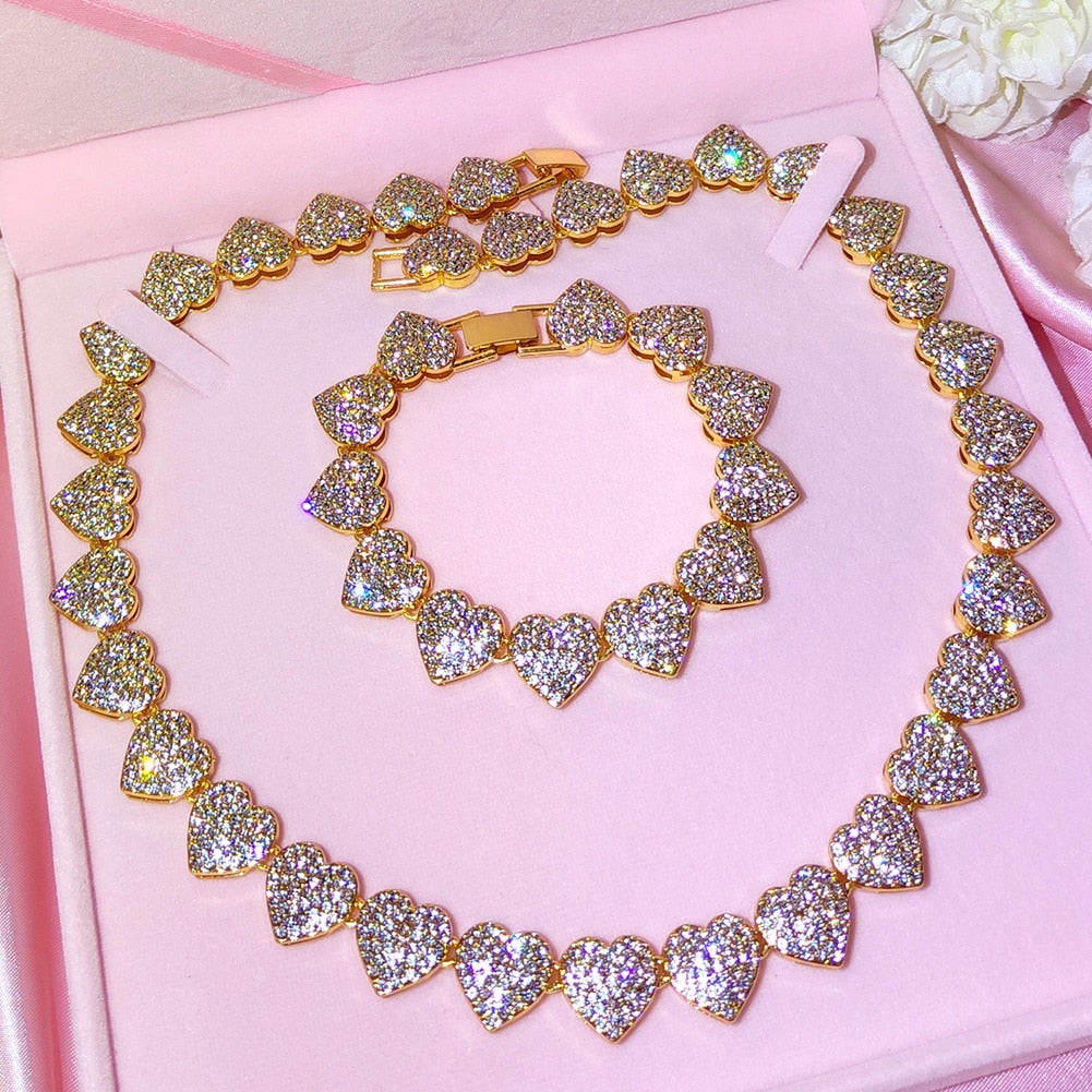Crystal Heart Cuban Link Chain Necklace/ Ankle/ Bracelet for Women Rhinestones Tennis Necklace Jewelry