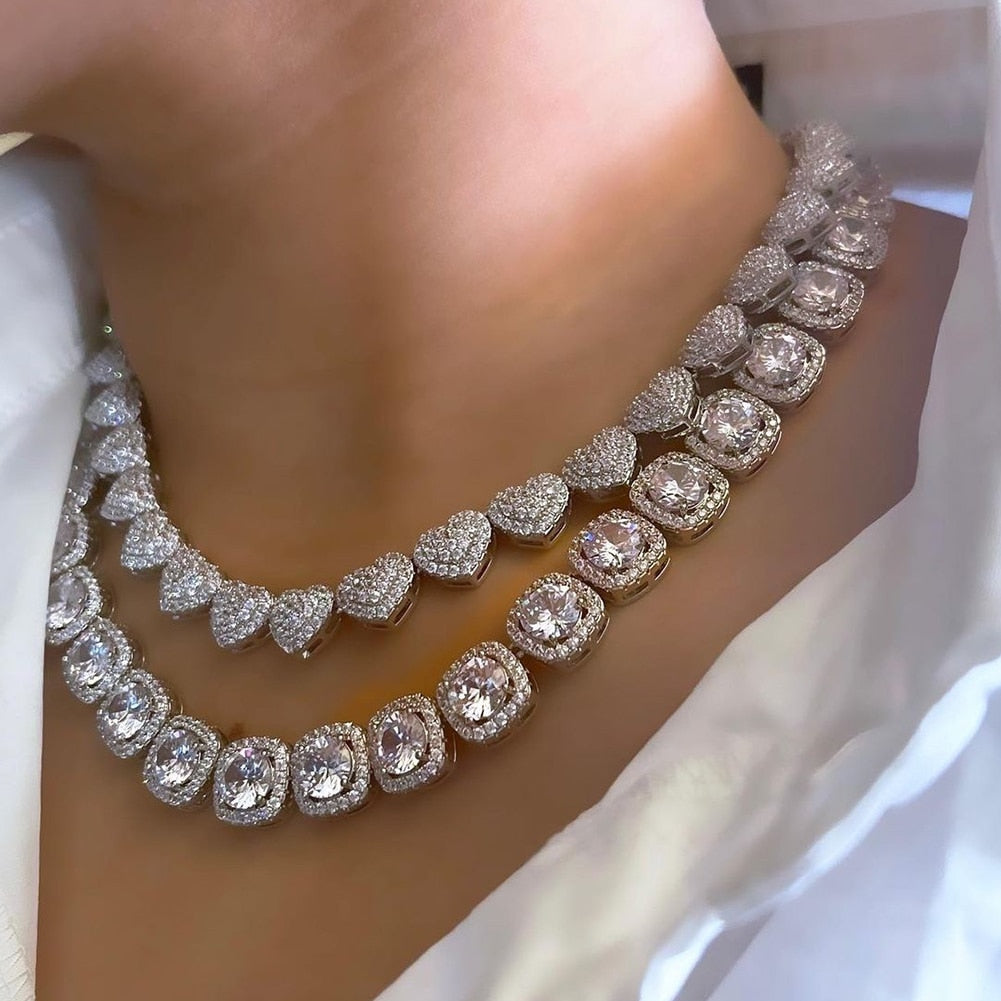 Crystal Heart Cuban Link Chain Necklace/ Ankle/ Bracelet for Women Rhinestones Tennis Necklace Jewelry