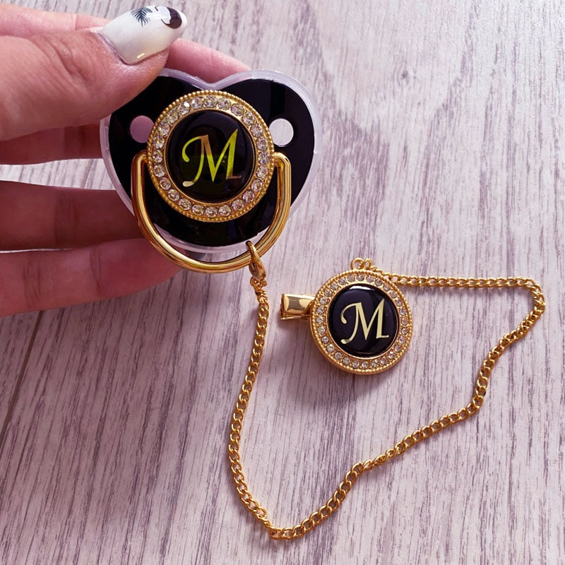 Baby Black Bling Pacifier With Clip Alphabet Letter Infant Pacifier Gold Letter Initials