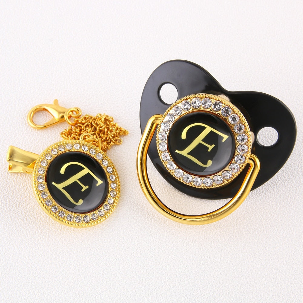 Baby Black Bling Pacifier With Clip Alphabet Letter Infant Pacifier Gold Letter Initials