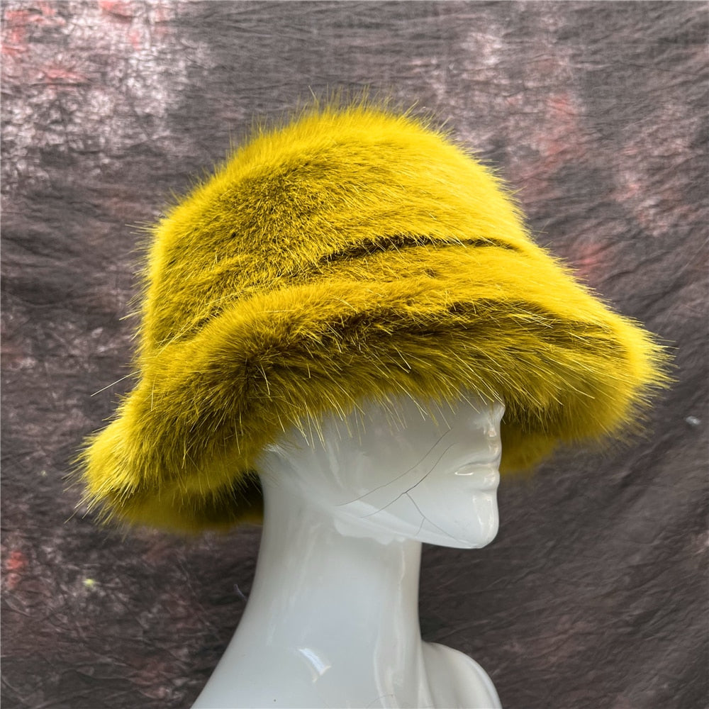 Rainbow Faux Fur Cap Fashion Bucket Hat