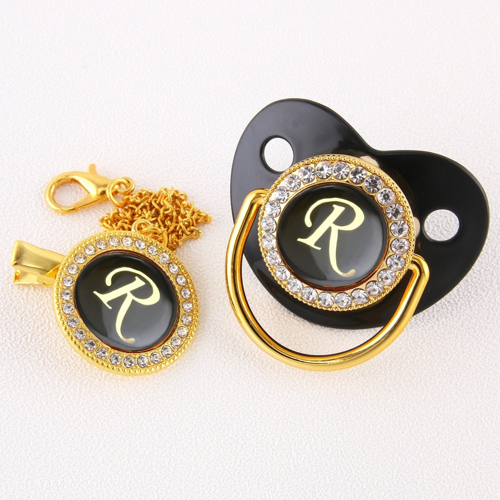 Baby Black Bling Pacifier With Clip Alphabet Letter Infant Pacifier Gold Letter Initials
