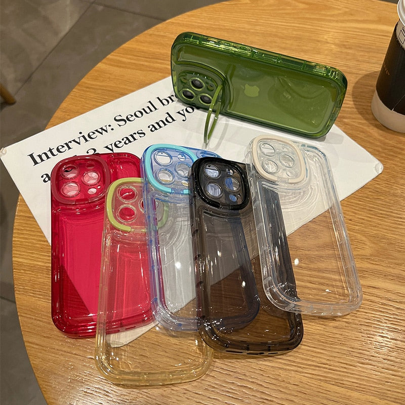 Transparent Folding Camera Lens Ring Stand Phone Case For iPhone Back Cover