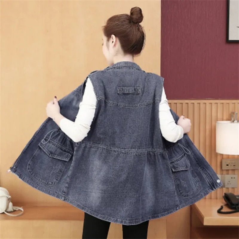Denim Vest Jacket Sleeveless Adjustable Waist