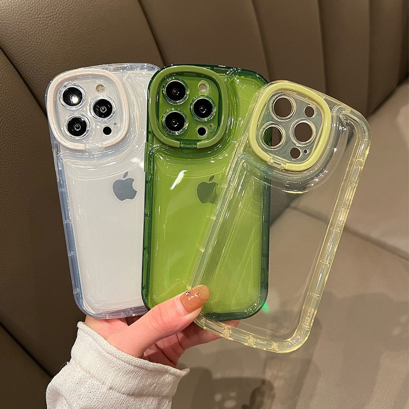 Transparent Folding Camera Lens Ring Stand Phone Case For iPhone Back Cover
