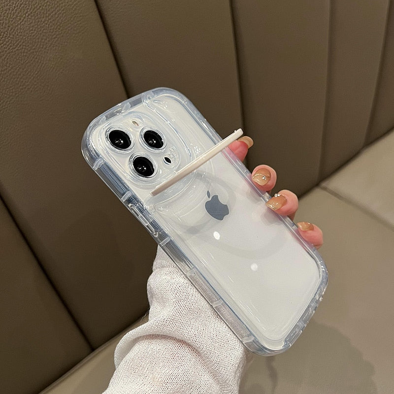 Transparent Folding Camera Lens Ring Stand Phone Case For iPhone Back Cover