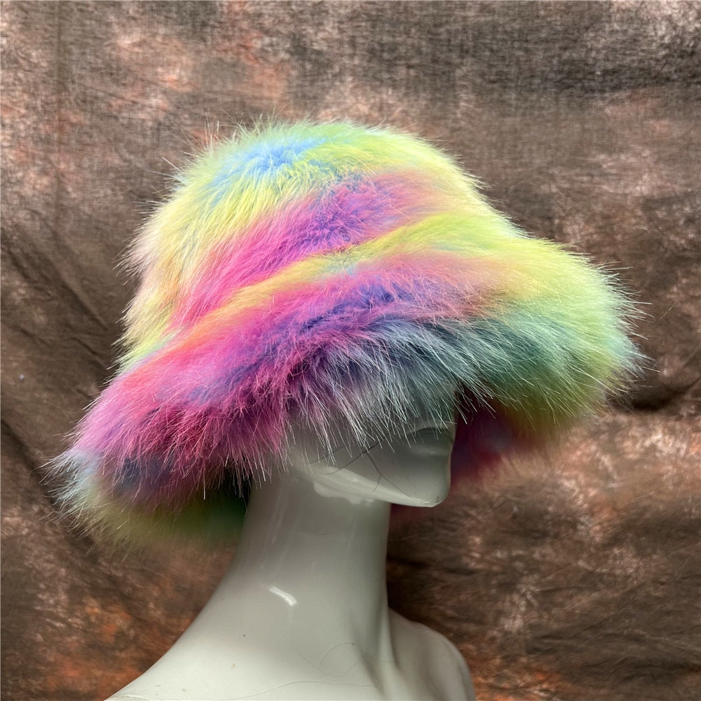 Rainbow Faux Fur Cap Fashion Bucket Hat