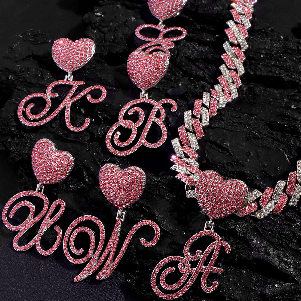Bling Pink Crystal Cursive Initial Letter Cuban Chain Necklace Choker Jewelry