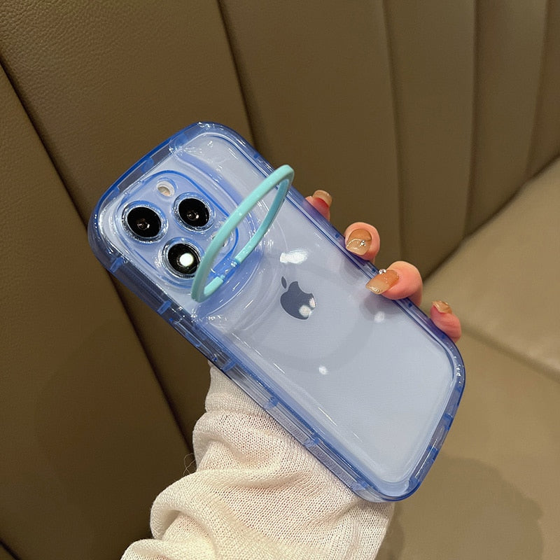 Transparent Folding Camera Lens Ring Stand Phone Case For iPhone Back Cover