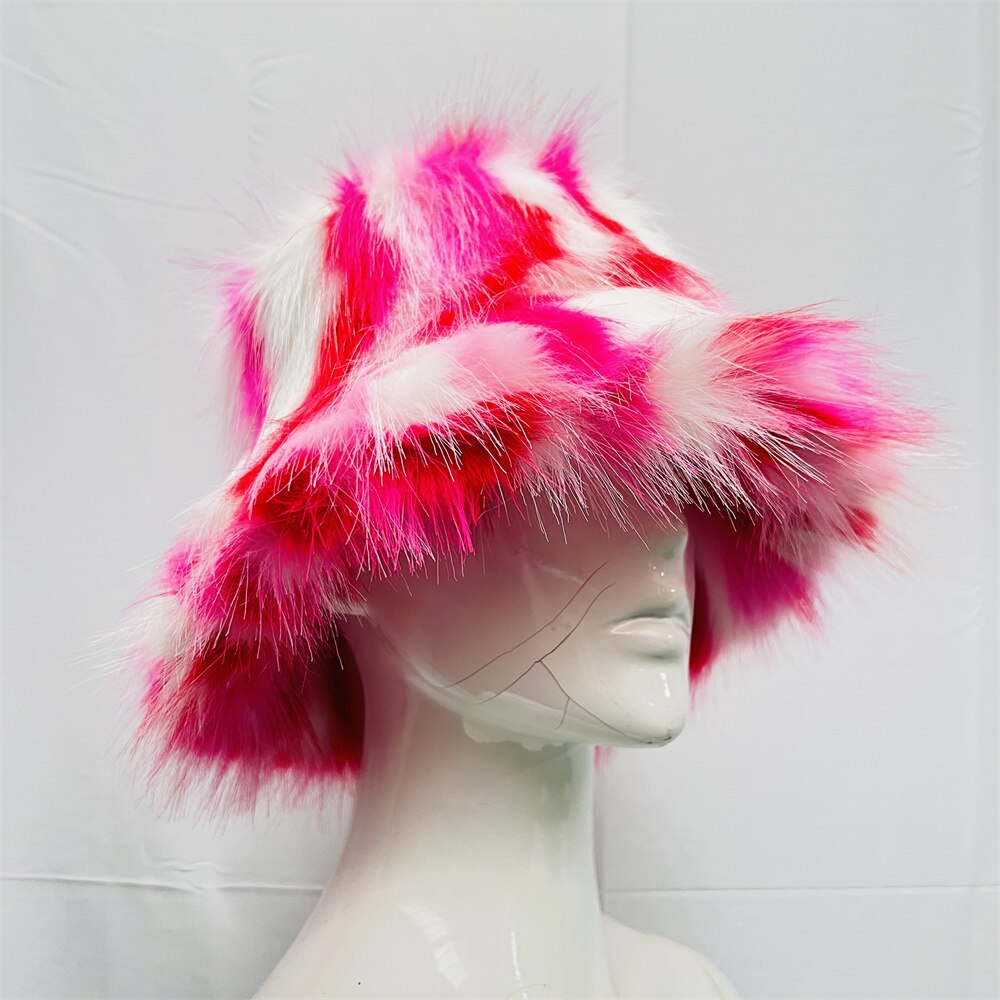 Rainbow Faux Fur Cap Fashion Bucket Hat