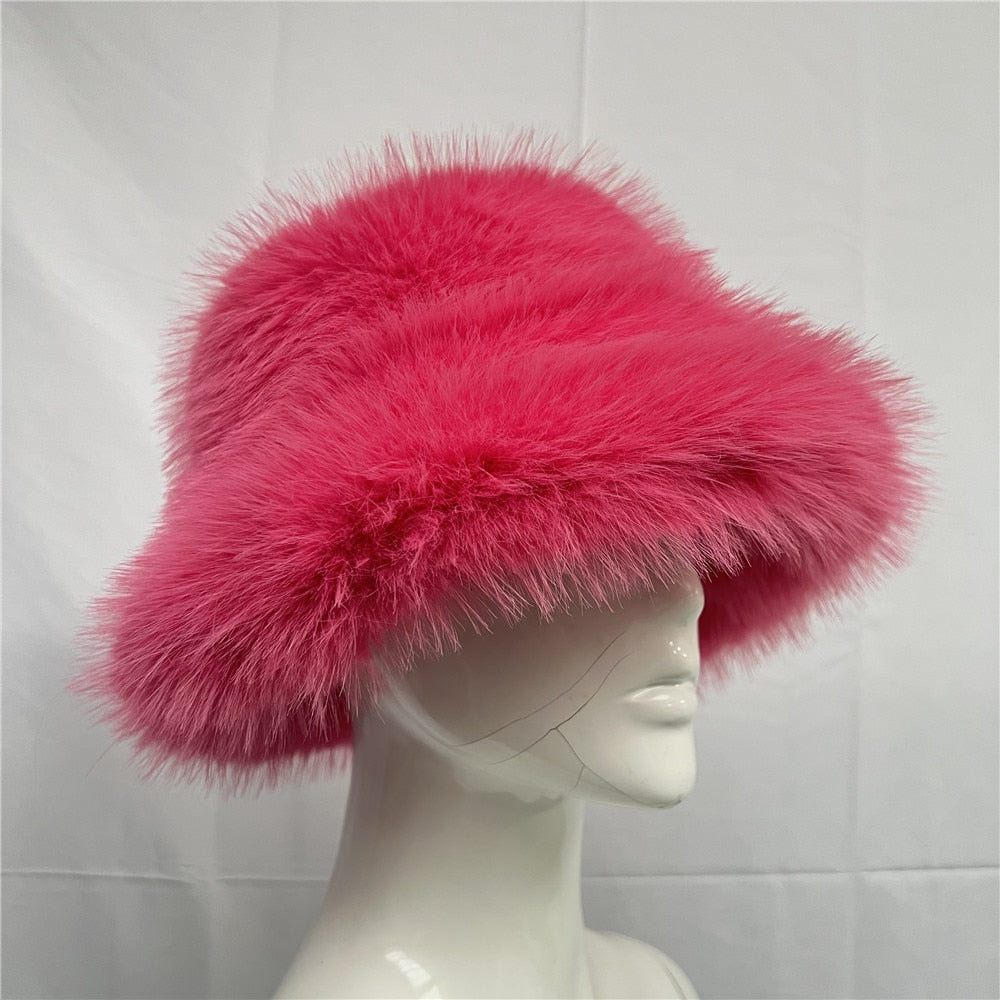 Rainbow Faux Fur Cap Fashion Bucket Hat