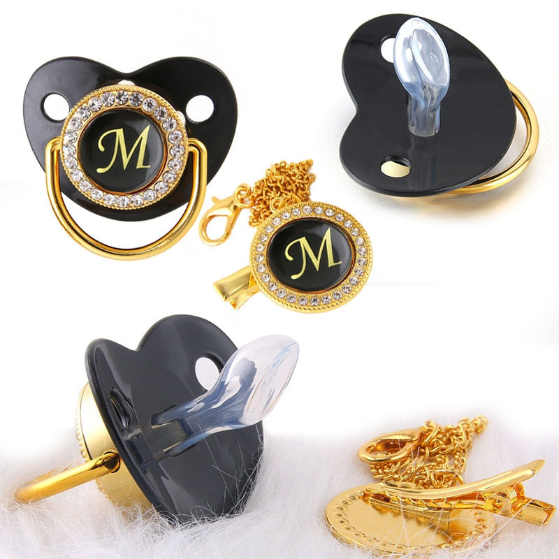 Baby Black Bling Pacifier With Clip Alphabet Letter Infant Pacifier Gold Letter Initials