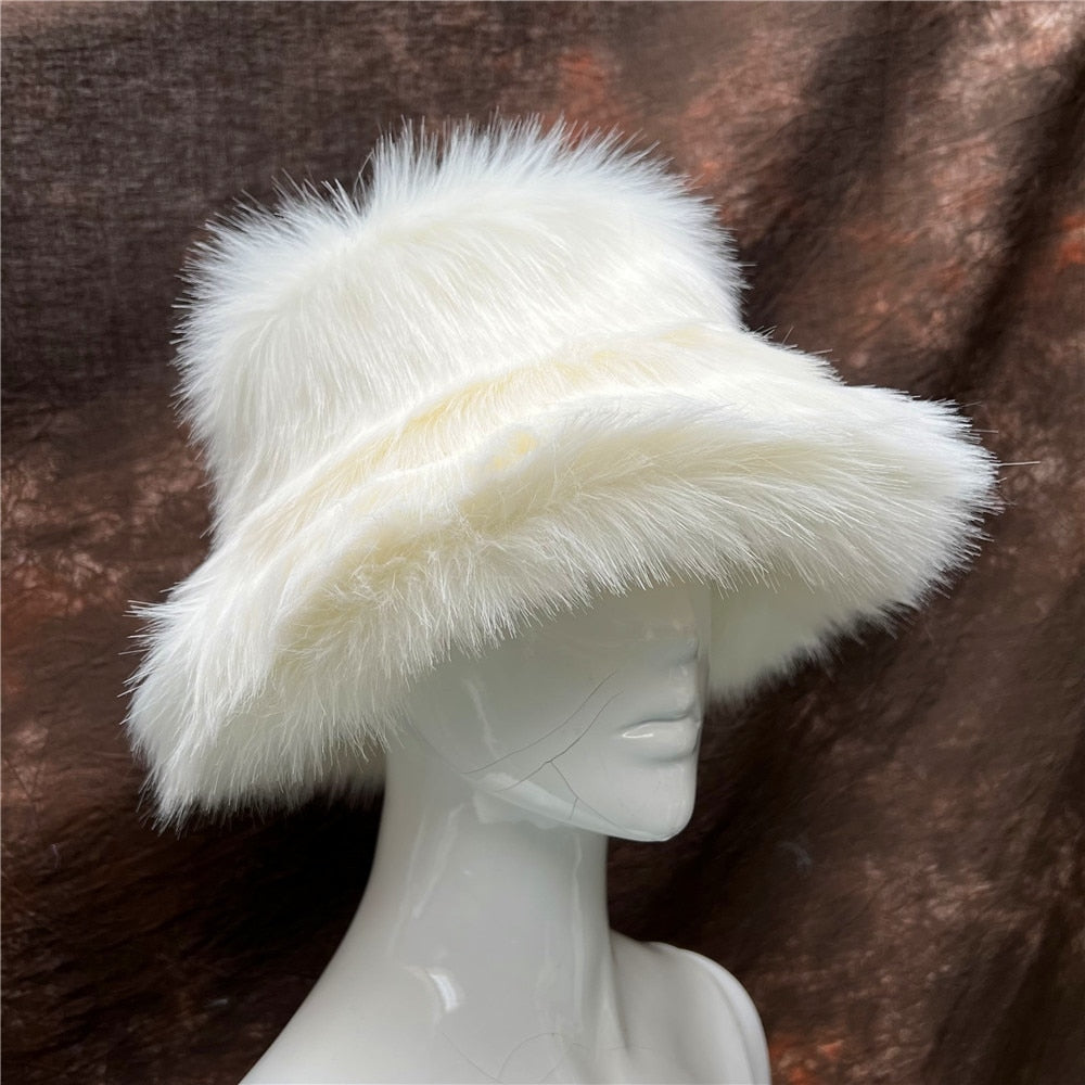 Rainbow Faux Fur Cap Fashion Bucket Hat