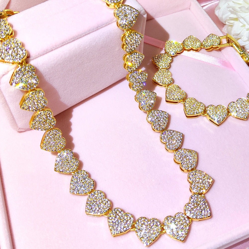 Crystal Heart Cuban Link Chain Necklace/ Ankle/ Bracelet for Women Rhinestones Tennis Necklace Jewelry