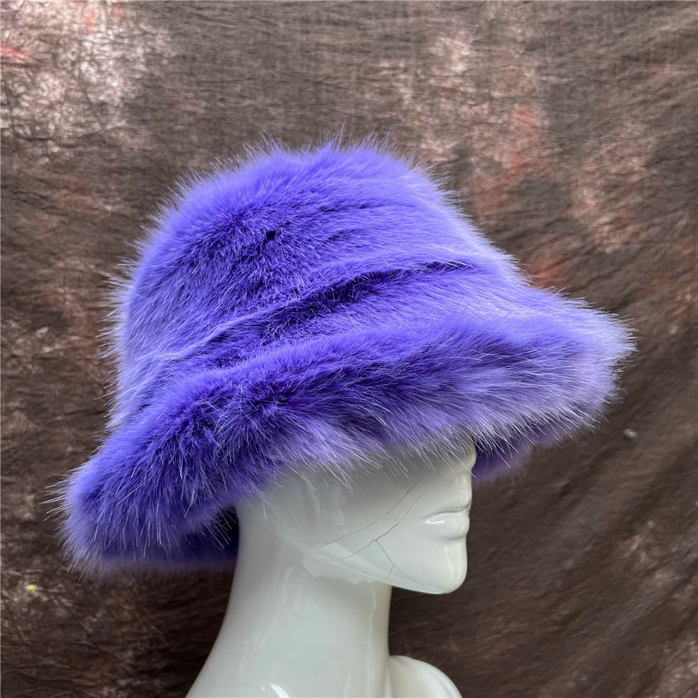 Rainbow Faux Fur Cap Fashion Bucket Hat