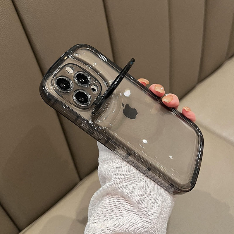 Transparent Folding Camera Lens Ring Stand Phone Case For iPhone Back Cover