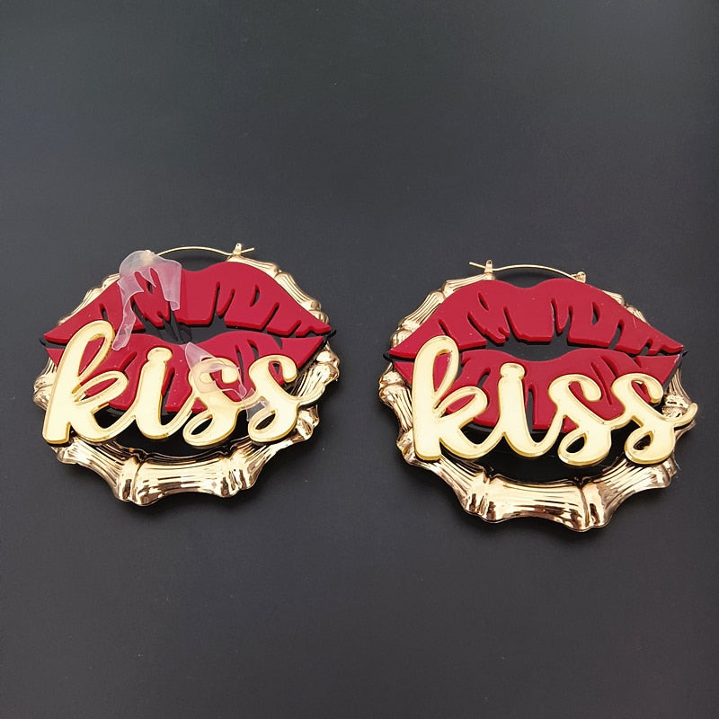 KISS Lips Gold Color Red Lips Big Hoop Earrings Jewelry Letters Acrylic