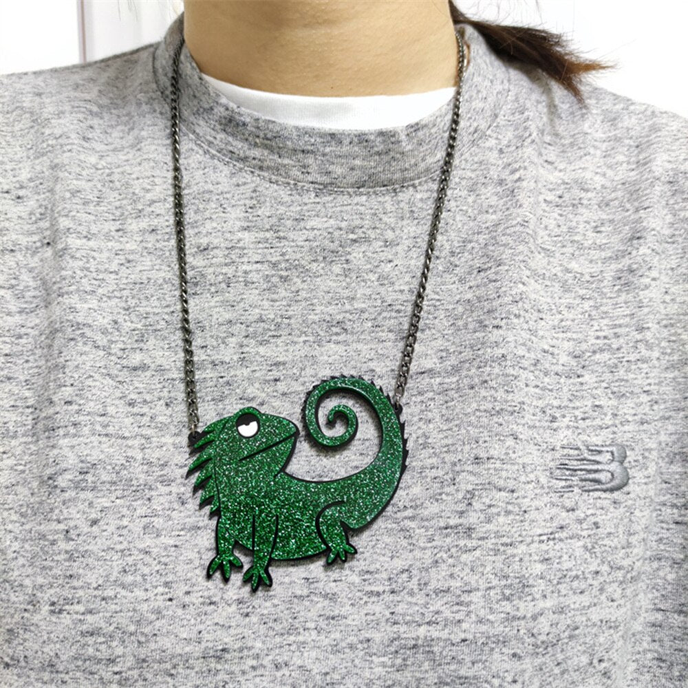Iguana Pendant Necklace Green Glitter Acrylic Black Chain Jewelry