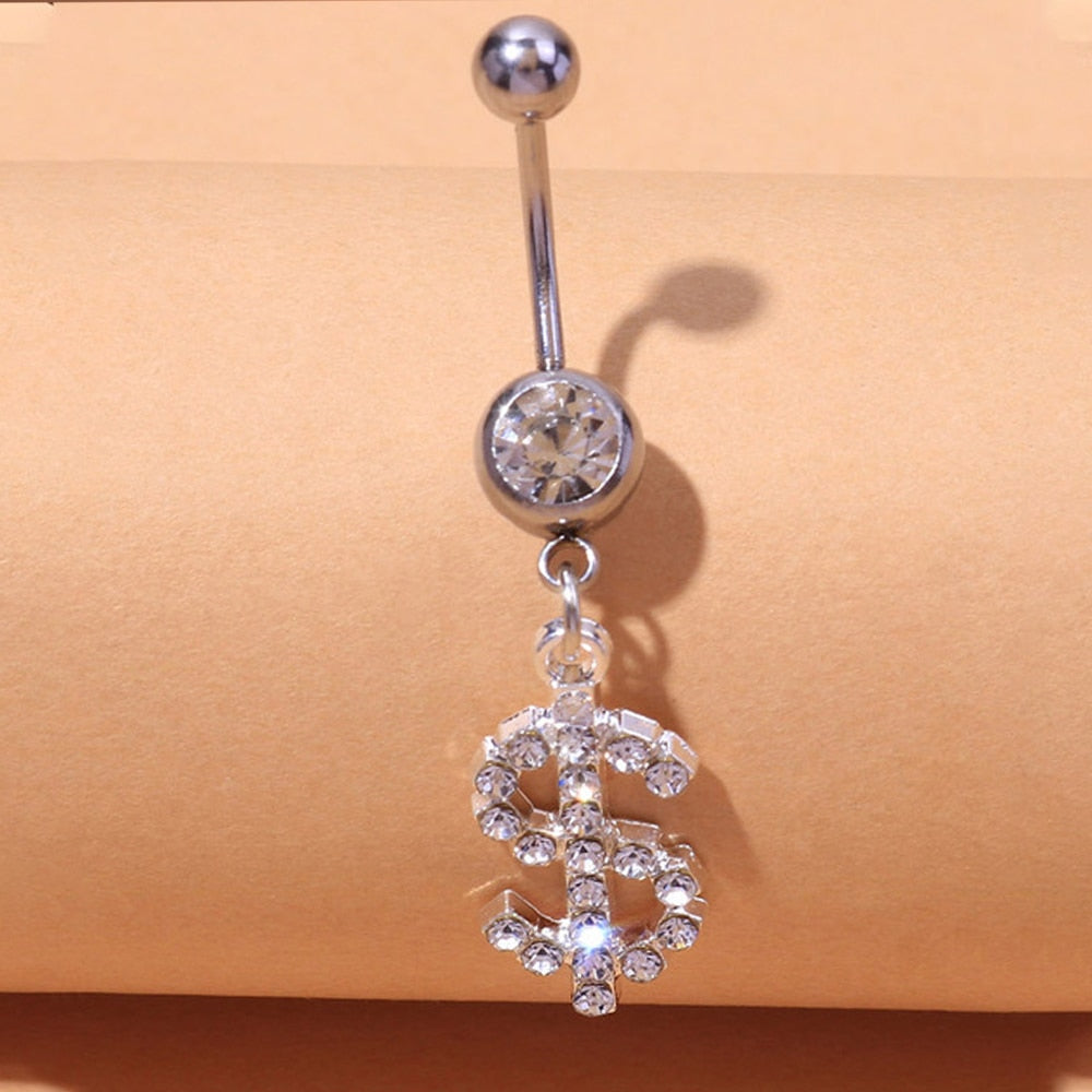 Dollar Sign Belly Button Ring Rhinestone Dangle Belly Piercing Jewelry