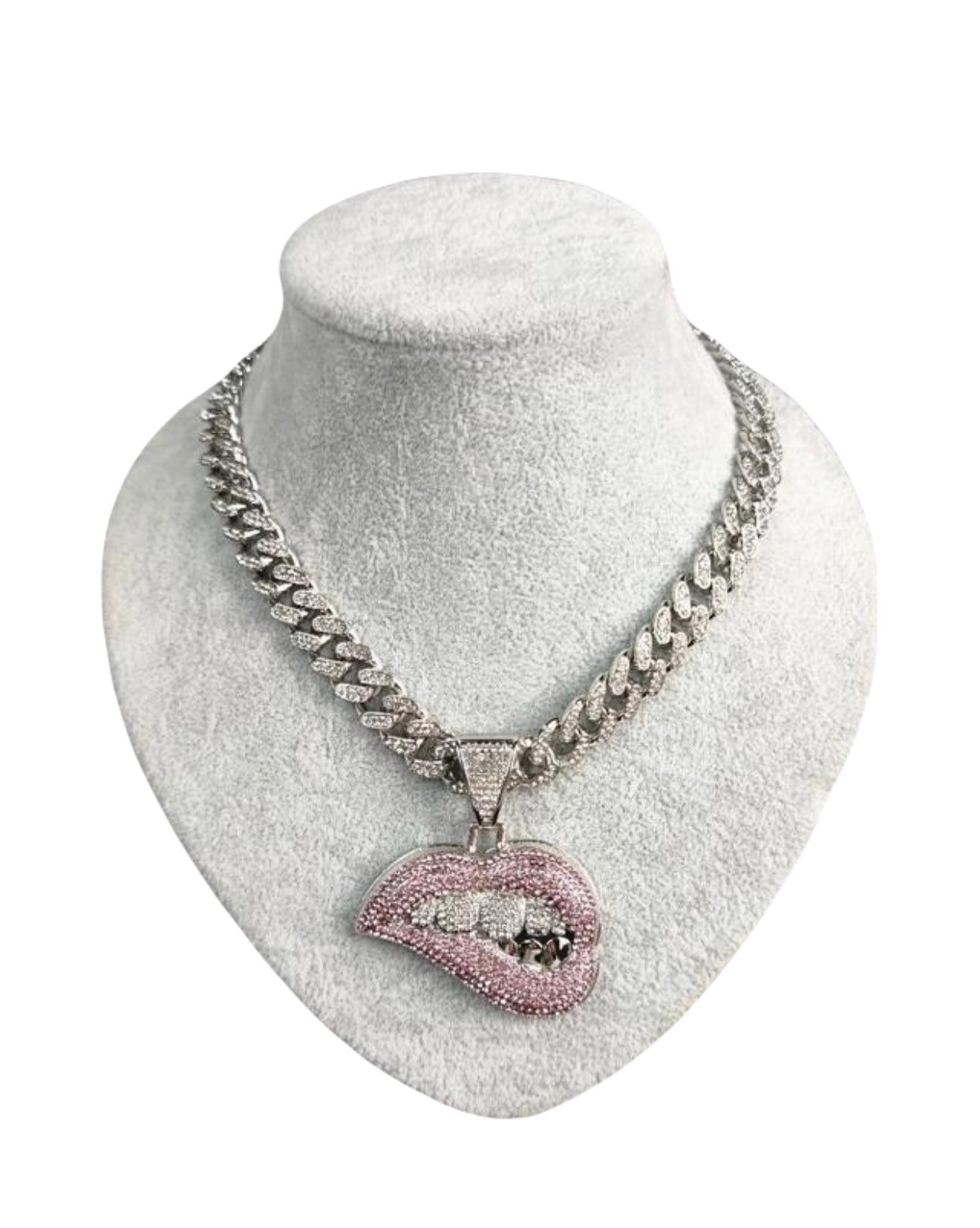 Bite Lip Shape with 13mm Crystal Cuban Thin Or Thick Chain Gold Or Silver Jewelry
