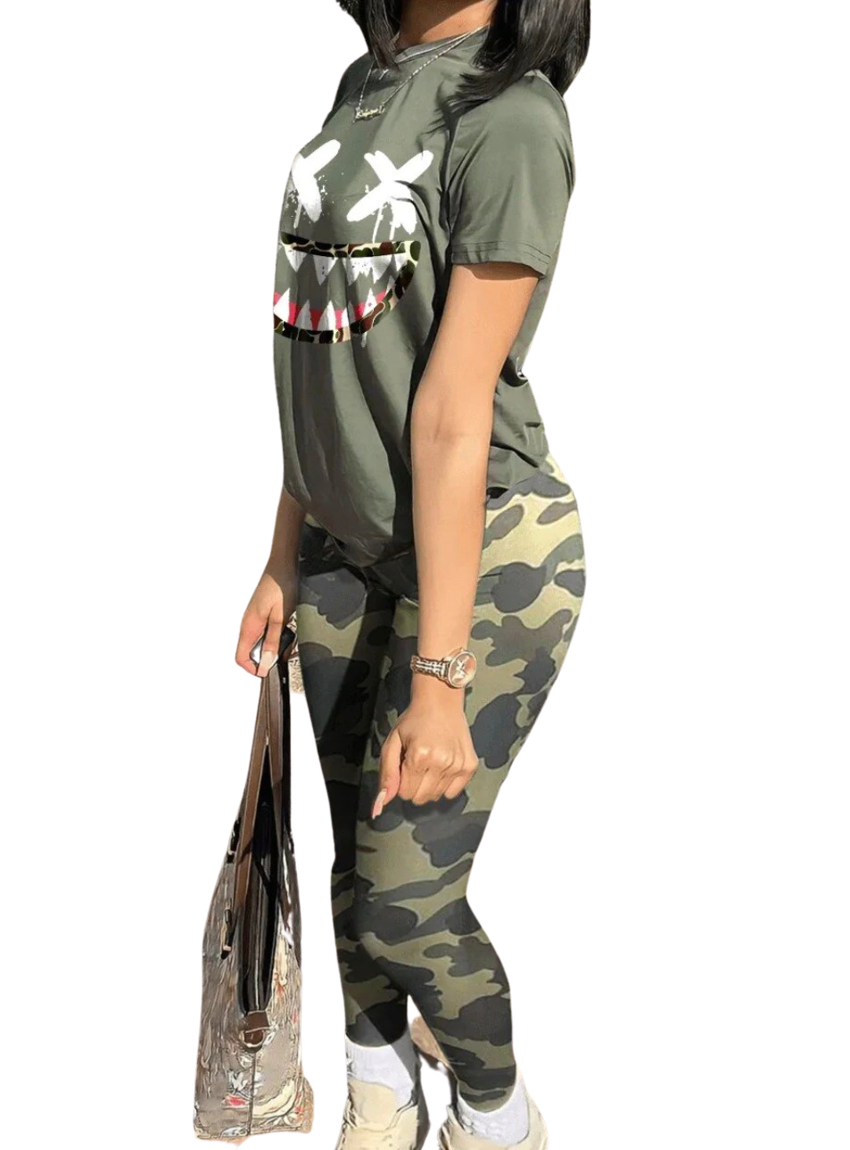 Scary Face Casual Short Sleeve Stretchy Camo Cargo Womens Pants Set