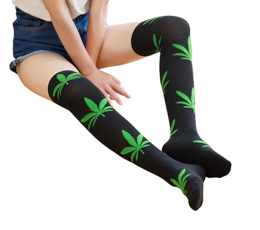 Thigh High Stockings Socks Weed Print Spandex Long