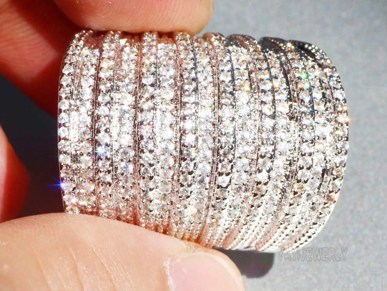 Extra Wide Fine Cut Bling 300pcs + Zircon Silver women Rings Jewelry