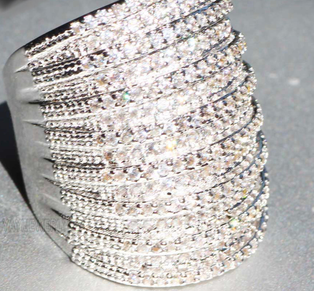 Extra Wide Fine Cut Bling 300pcs + Zircon Silver women Rings Jewelry