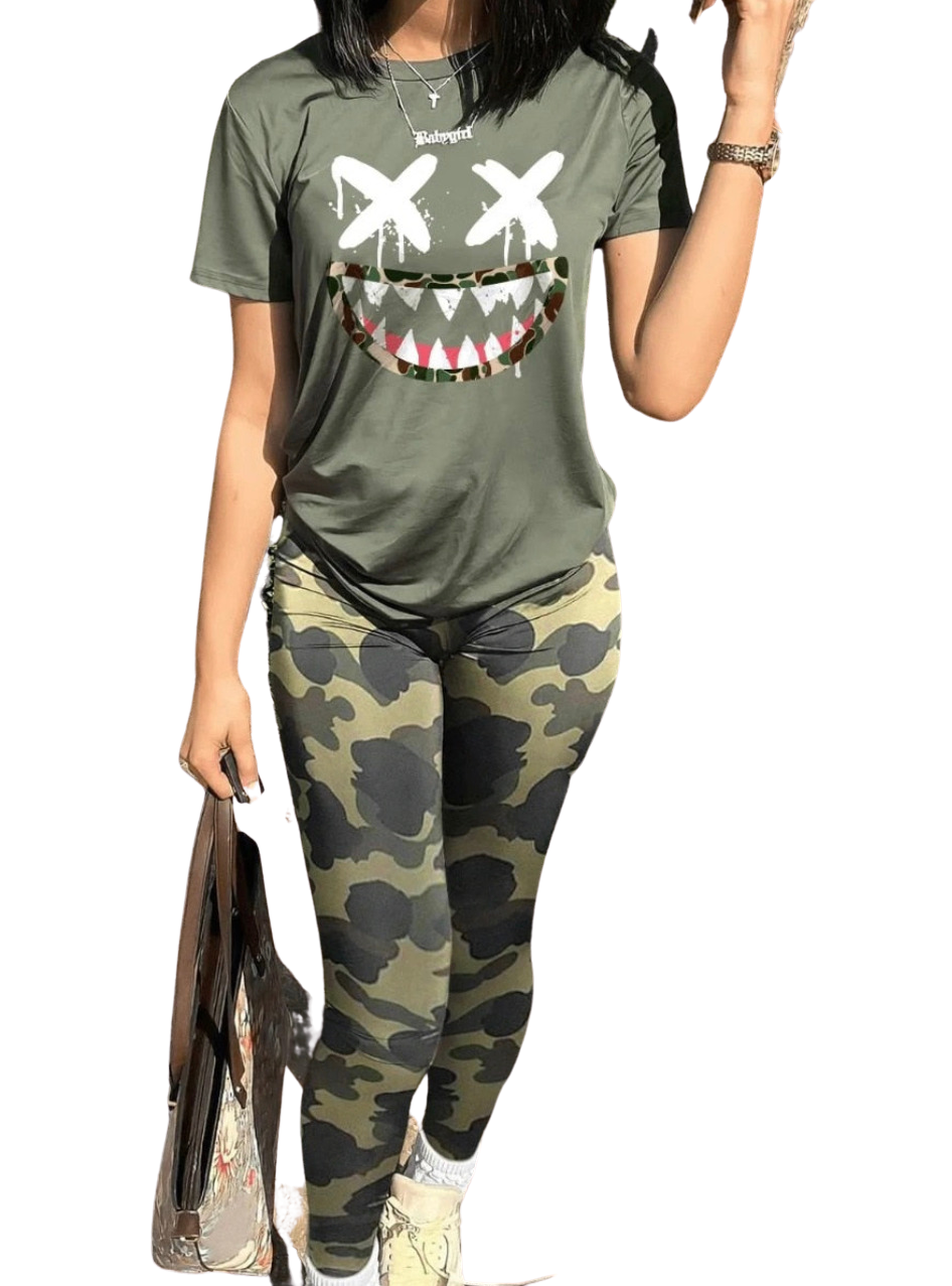 Scary Face Casual Short Sleeve Stretchy Camo Cargo Womens Pants Set