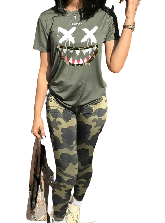 Scary Face Casual Short Sleeve Stretchy Camo Cargo Womens Pants Set