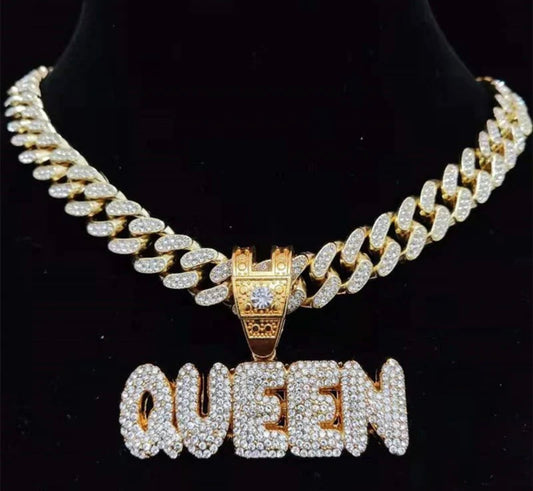 KING & QUEEN Necklace with 13mm Cuban Chain Iced Out Necklaces Jewelry