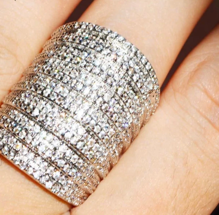 Extra Wide Fine Cut Bling 300pcs + Zircon Silver women Rings Jewelry