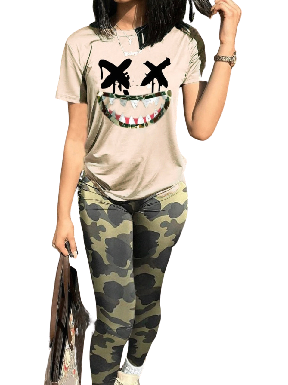 Scary Face Casual Short Sleeve Stretchy Camo Cargo Womens Pants Set