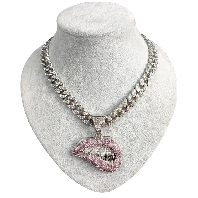 Bite Lip Shape with 13mm Crystal Cuban Thin Or Thick Chain Gold Or Silver Jewelry