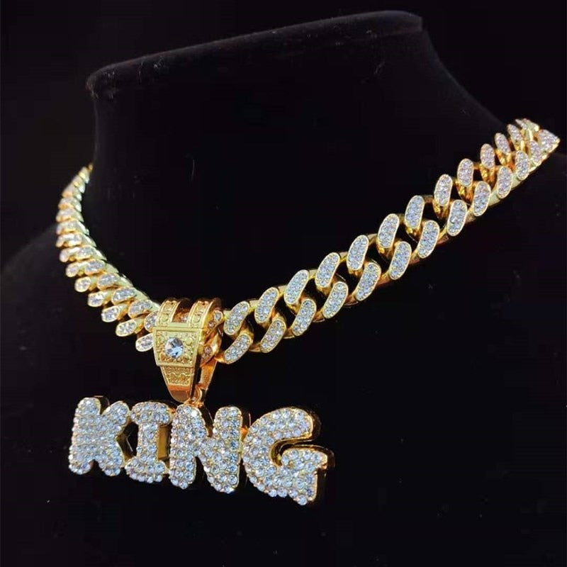 KING & QUEEN Necklace with 13mm Cuban Chain Iced Out Necklaces Jewelry