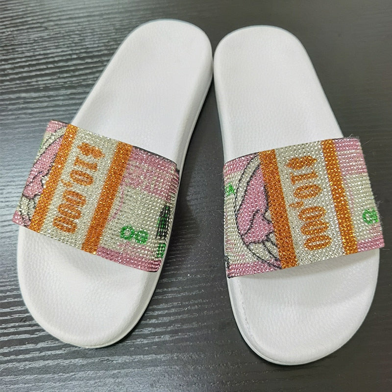 Women's Dollar Rhinestone Slippers Slides Bling Shoes