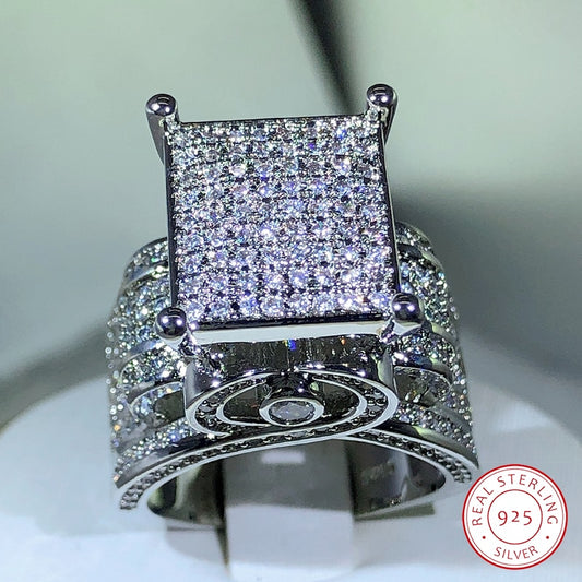 Big Square Sterling Silver White Zircon Ring Jewelry