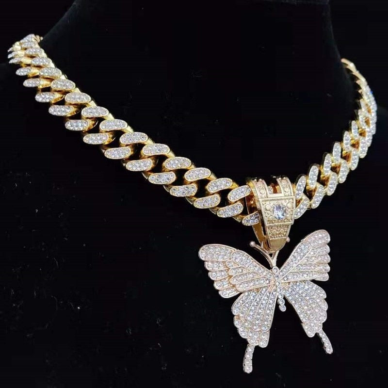 Butterfly Iced Out Pendant Necklace Cuban Chain  Necklaces Jewelry