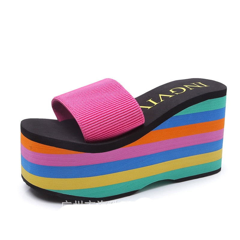 Rainbow Thick Wedge Flip Flop Women Summer Slides